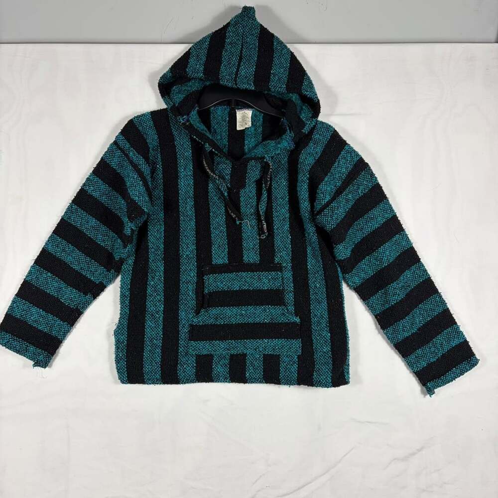 Vel-Mex Baja Hoodie Size S Teal Black Striped Pullover Jerga